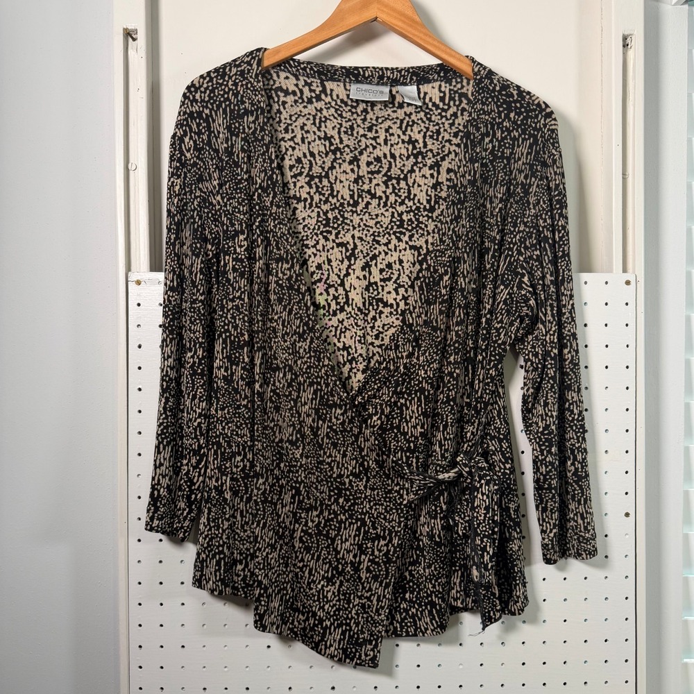 Vintage Chico's Wrap Top Womens Black Stretch 3/4 Sleeve Blouse USA Made 2 Large